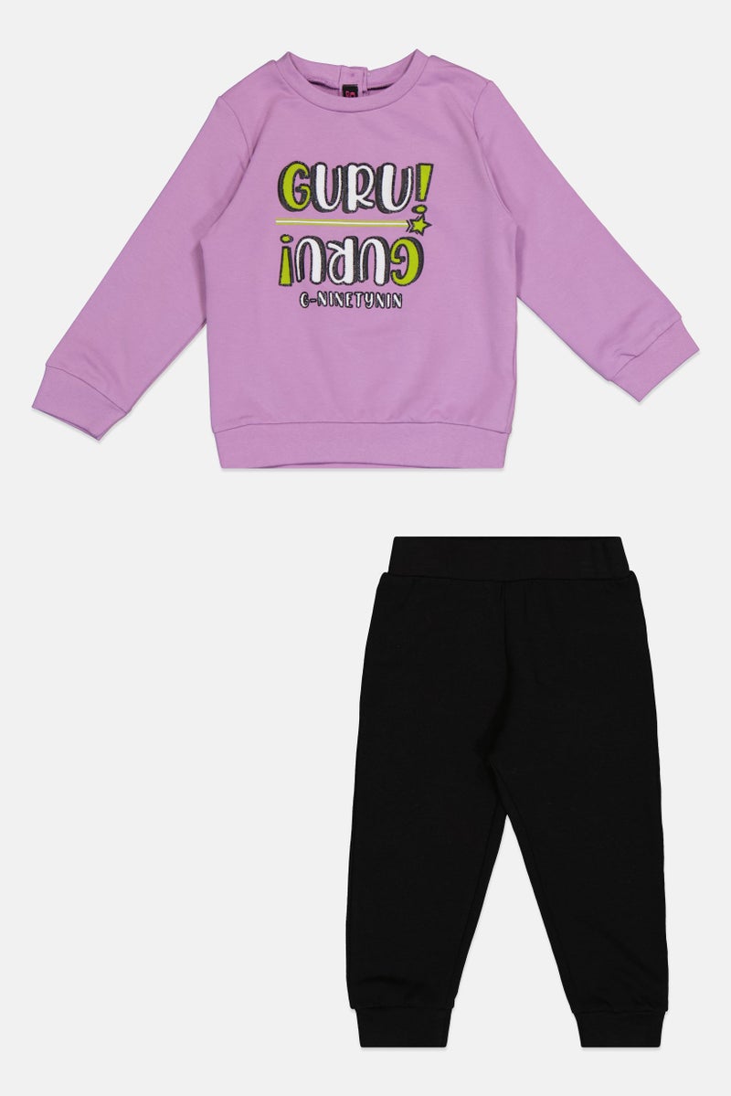 guru G99 By Guru Toddlers Girl 2 Pieces Brand Logo Sweatshirt With Bottom Set, Multicolor - Image 3